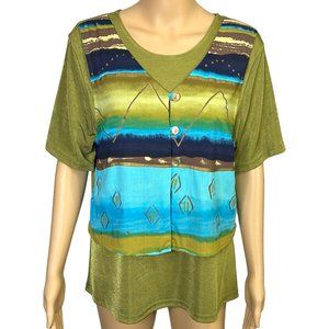 Cascais Of California Womens‎ L Green Blue Short Sleeve Stretch Blouse Shirt